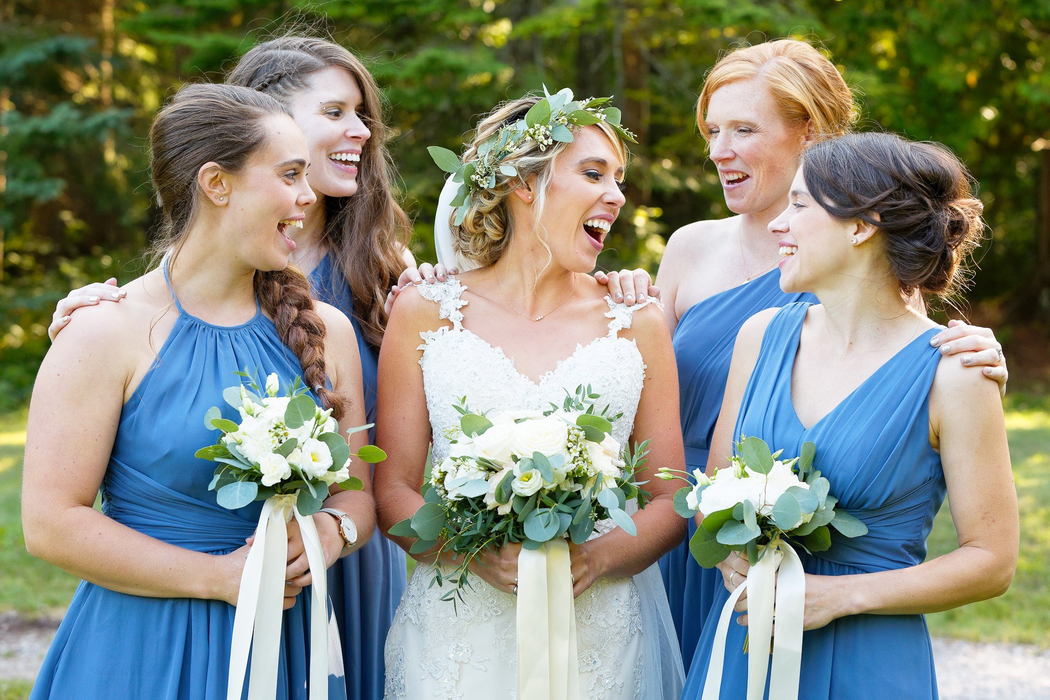 Bride and Bridesmaids in Blue Dresses Wedding Party Photos