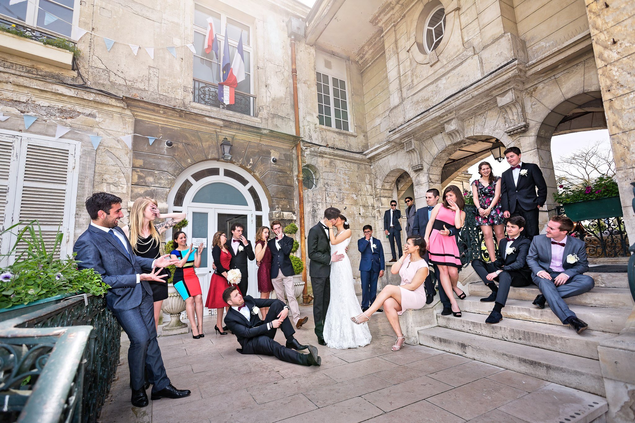 Wedding Party Group Photos on Historic Venue Steps