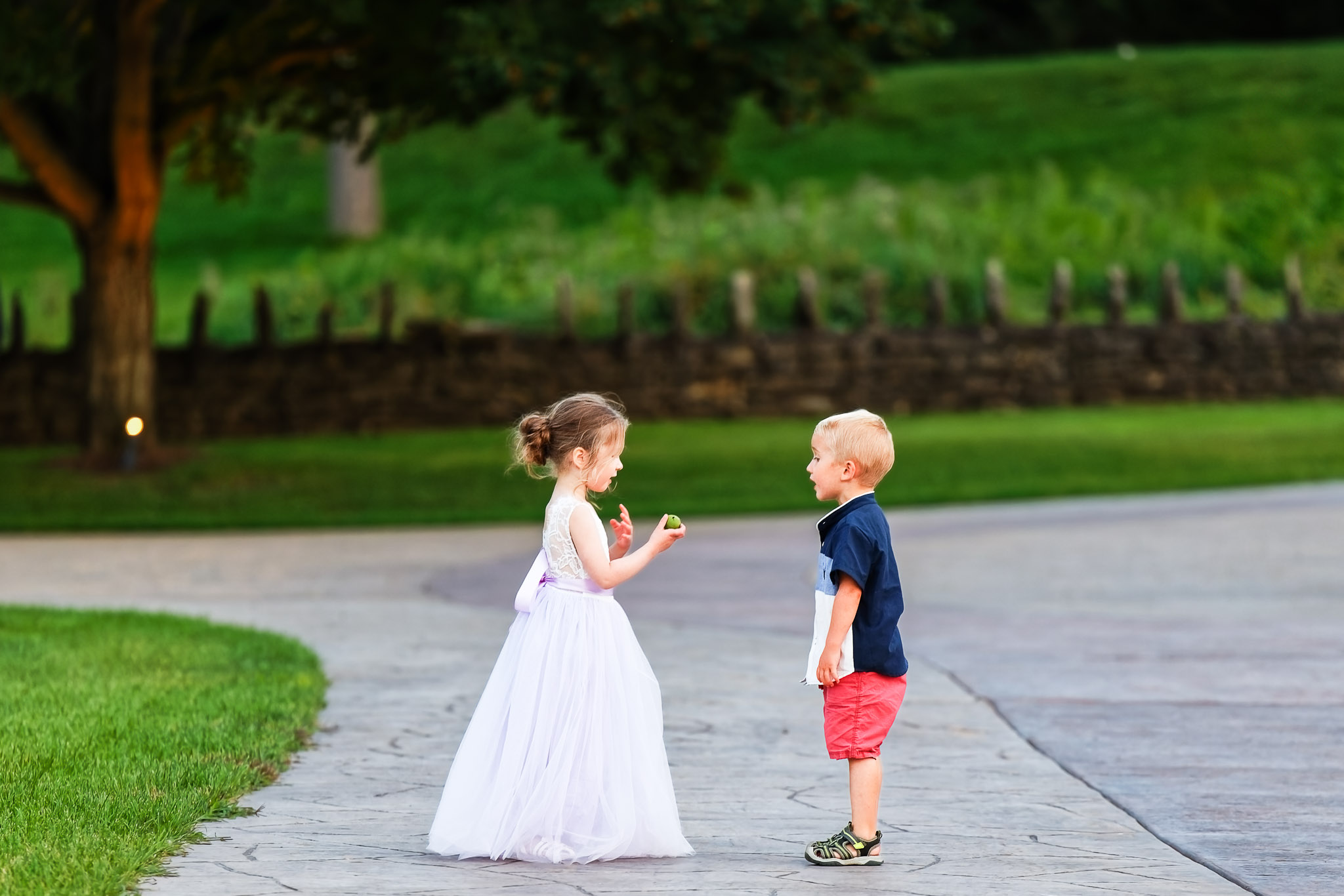 Kids Discussing Walnut at Mayowood Stone Barn Wedding Rochester