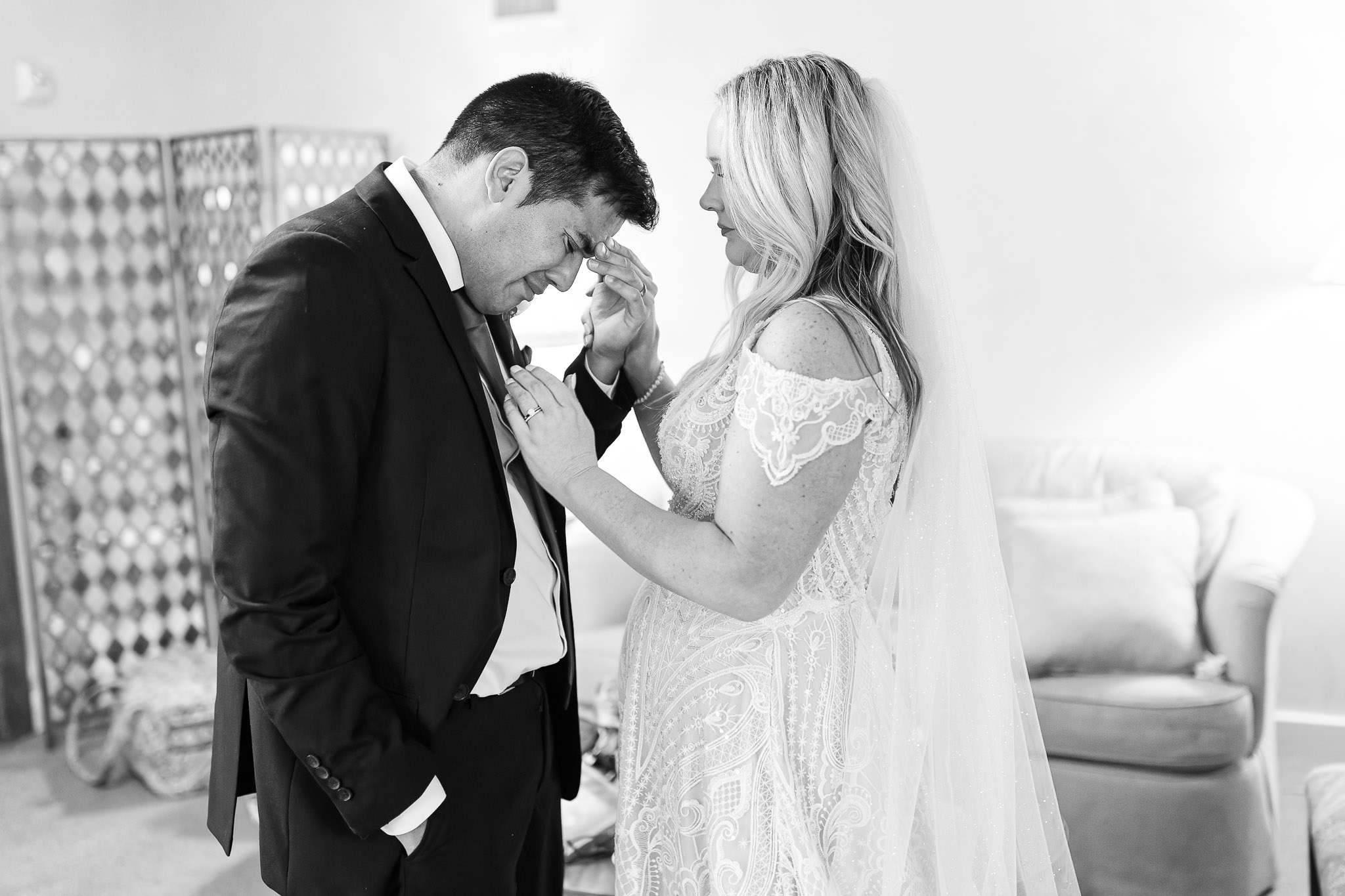 Groom Emotional During Wedding Preparations Villa Bellezza Pepin