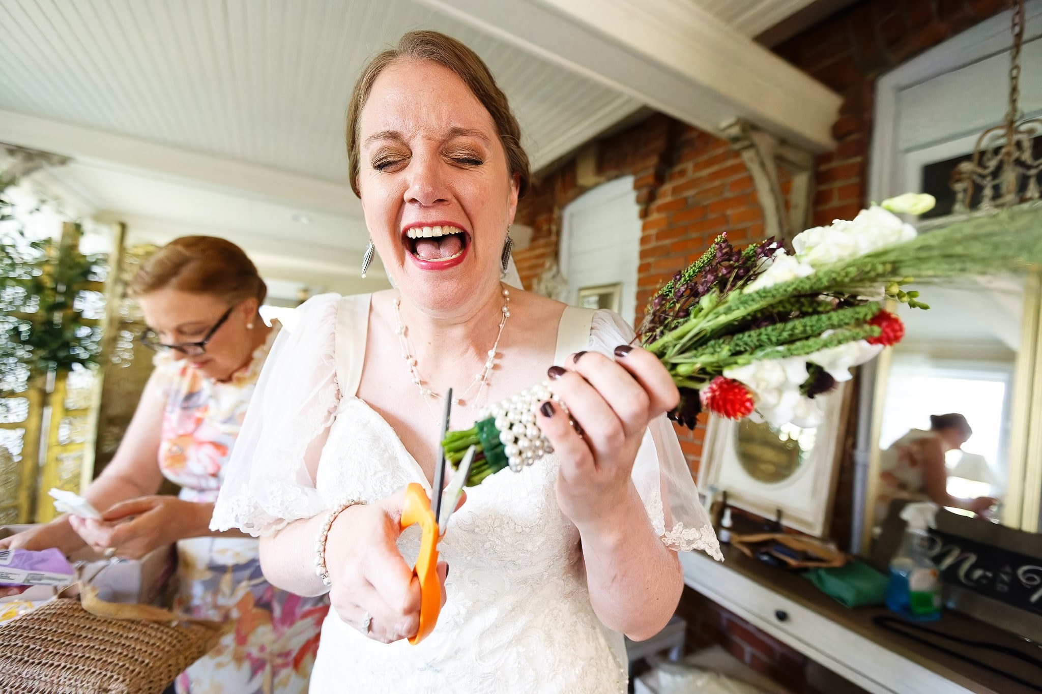 Stressed Bride Cutting Wedding Bouquet Flowers Byron MN