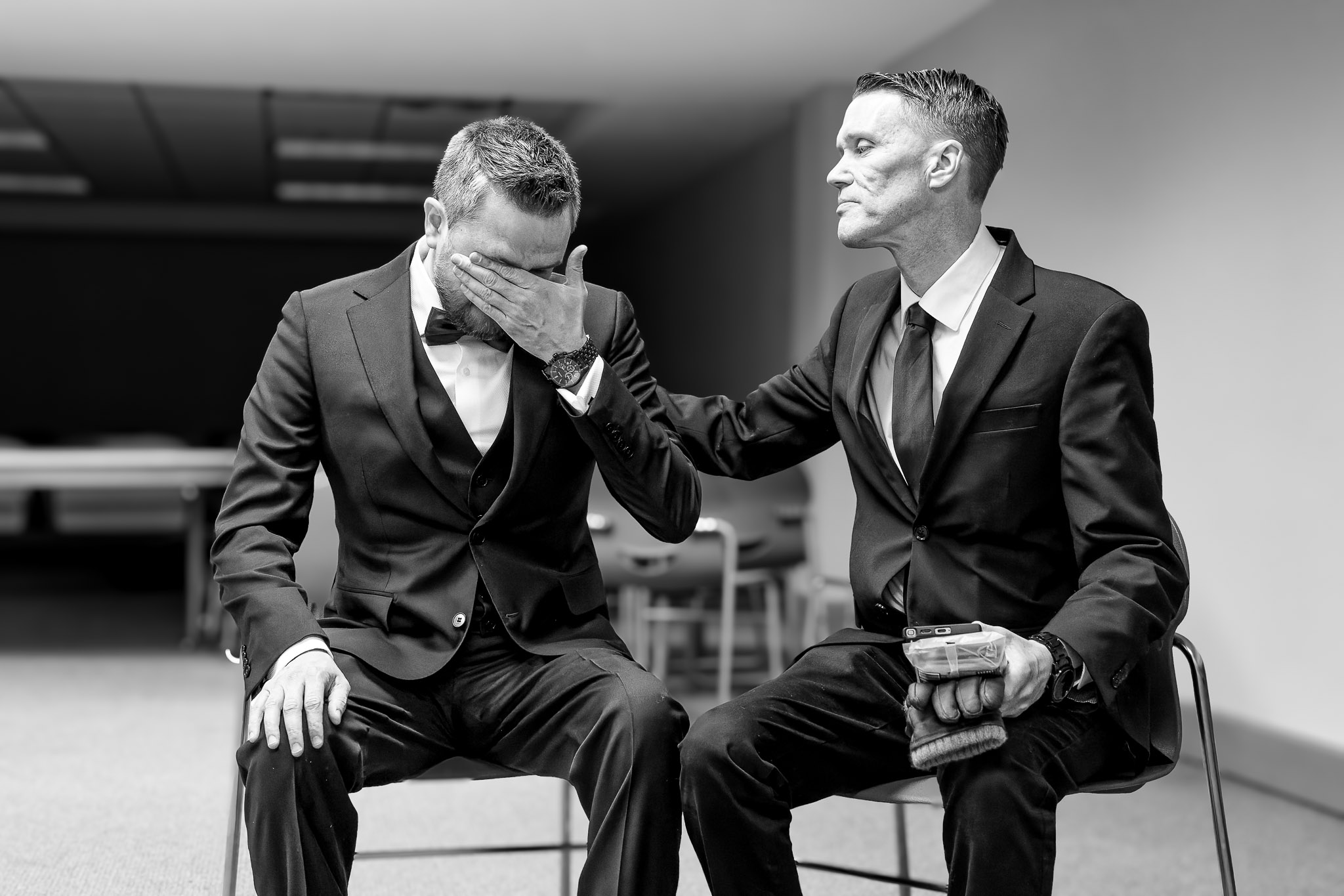 Groom Crying Before Ceremony with Brother at Rochester Wedding