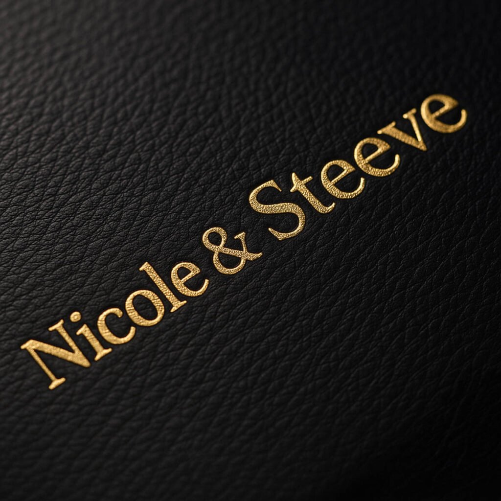 Closeup gold foil embossing with dark leather